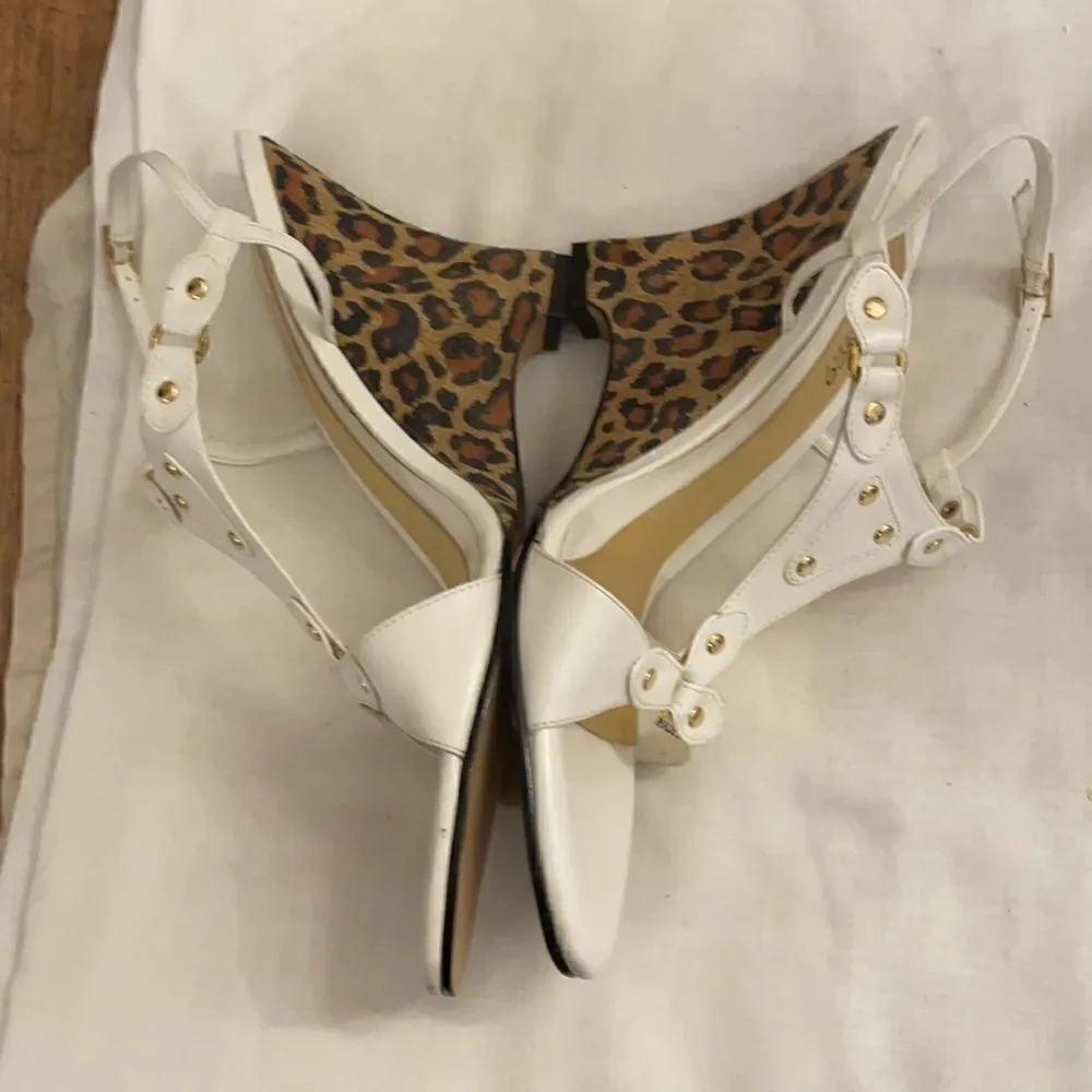 FRESCO BY PIERRE WHITE/GOLD LEOPARD WEDGE SANDALS. NEW